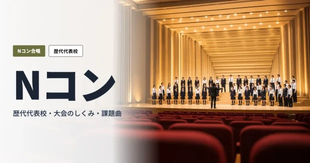 NHKホール風の大ホールで、学生服姿の合唱団が指揮者のもと歌うステージ
